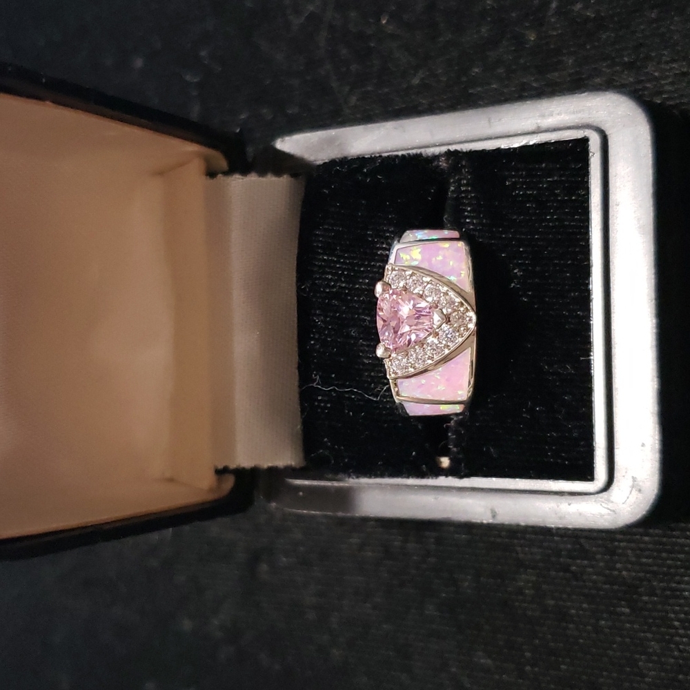 Silver Tone Ring with Inlaid Abalone & Heart Shaped Pink Sapphire on CZ Stones